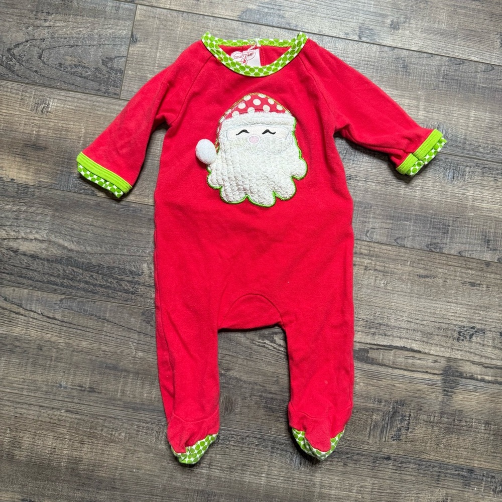 Mudpie Festive Embroidered Santa Clause Red and Green Kids One Piece